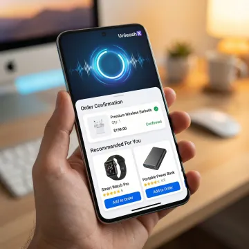 Voice AI agent confirming an e-commerce order and suggesting upsell products on a smartphone