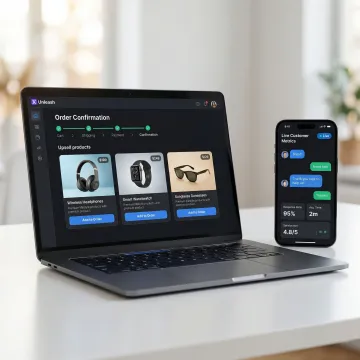 AI voice agent interface displaying e-commerce order confirmation and upsell product suggestions