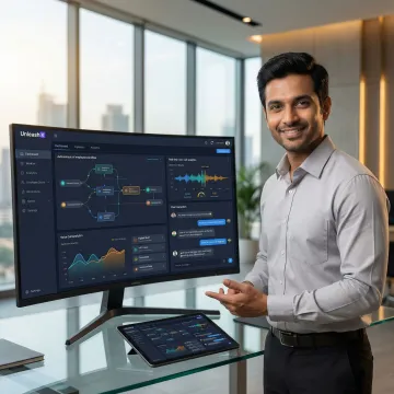 AI workforce platform dashboard showing voice and chat agents deployed for Indian enterprises