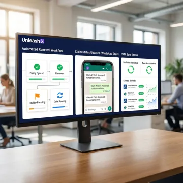 AI agent dashboard showing insurance renewal workflows and WhatsApp claim update automations
