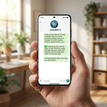 WhatsApp AI agent sending insurance renewal reminder and claims update on a smartphone