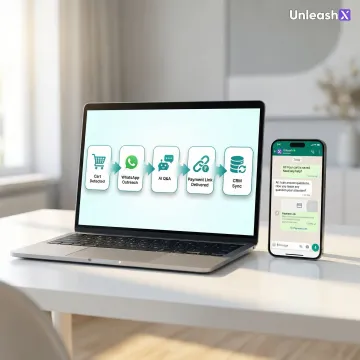 Step-by-step WhatsApp AI cart recovery workflow on a mobile device and dashboard