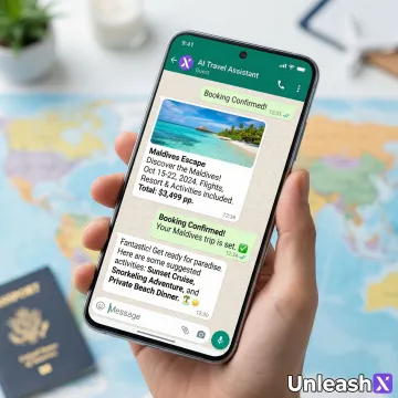 AI-powered WhatsApp chat interface showing automated tour booking messages