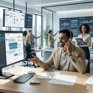 Enterprise AI agents supporting employees across multiple digital channels in a modern office environment