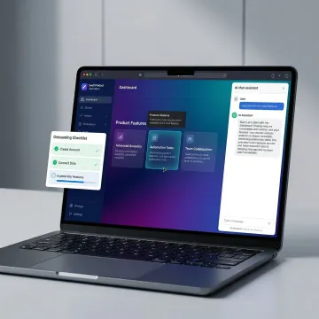 AI customer success agent guiding a SaaS user through onboarding on a laptop dashboard