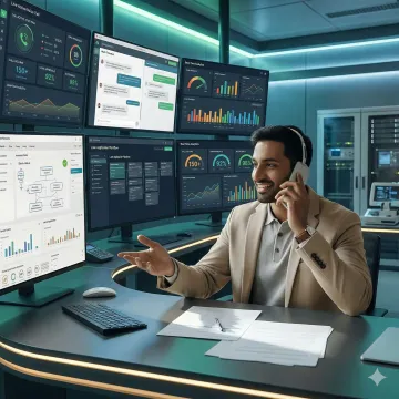 AI voice agent interface showing financial services automation dashboard with call and chat channels