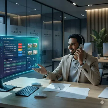 AI voice agent automating real estate client calls on a digital dashboard
