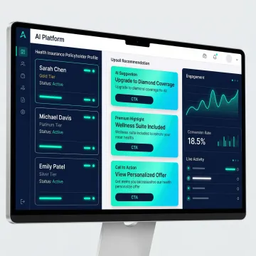 AI-powered health insurance upsell dashboard showing policyholder engagement metrics and upgrade recommendations