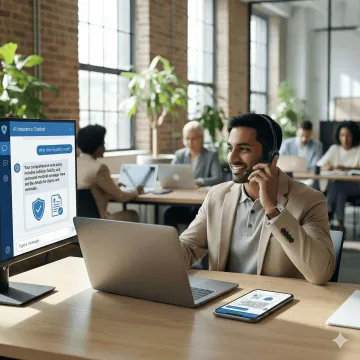 AI chatbot interface handling insurance policy queries on a laptop screen
