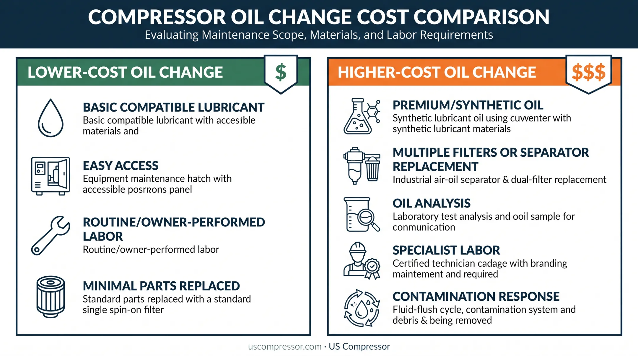 Low-cost versus high-cost compressor oil change comparison chart