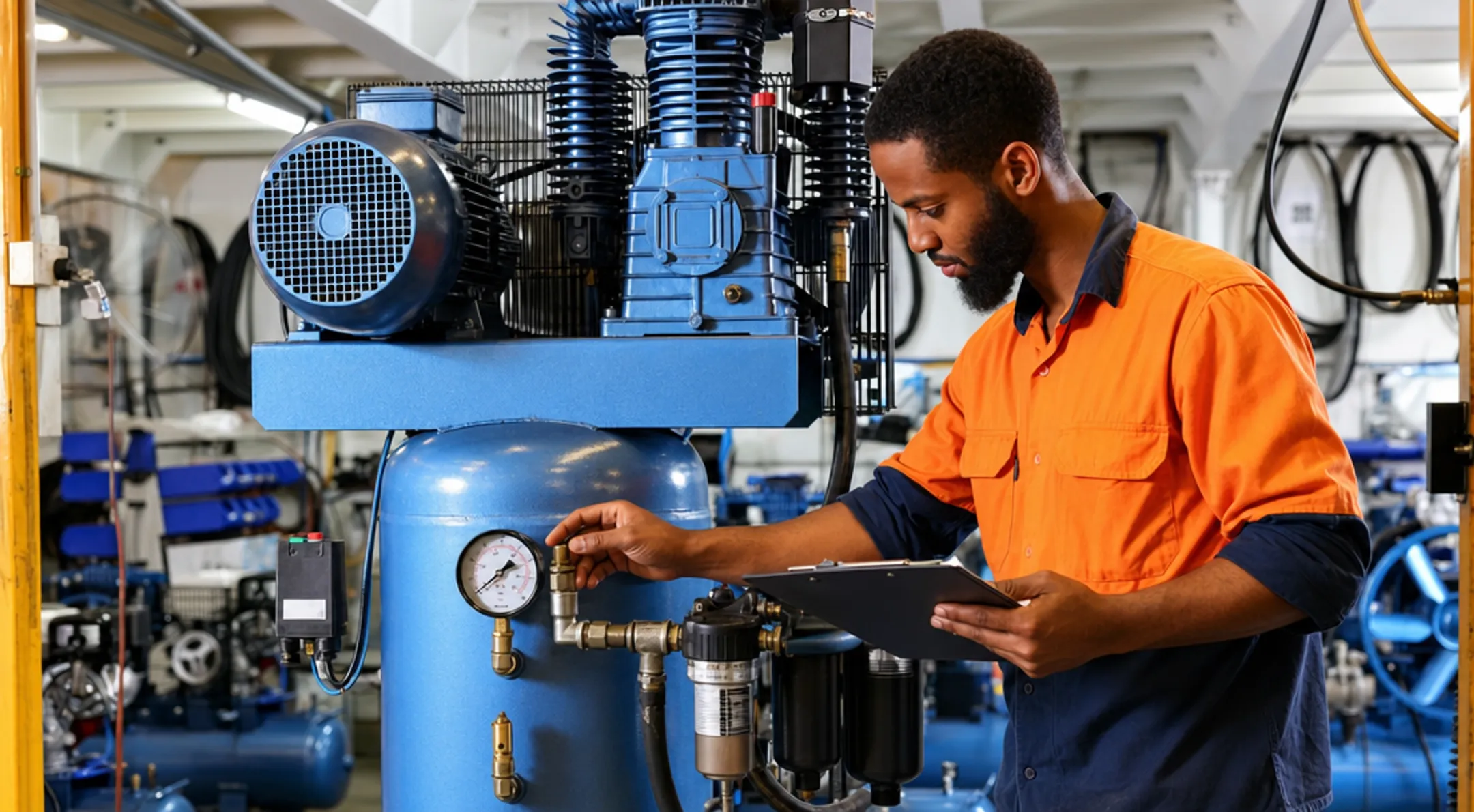 Technician inspecting industrial air compressor gauges and filters for wear