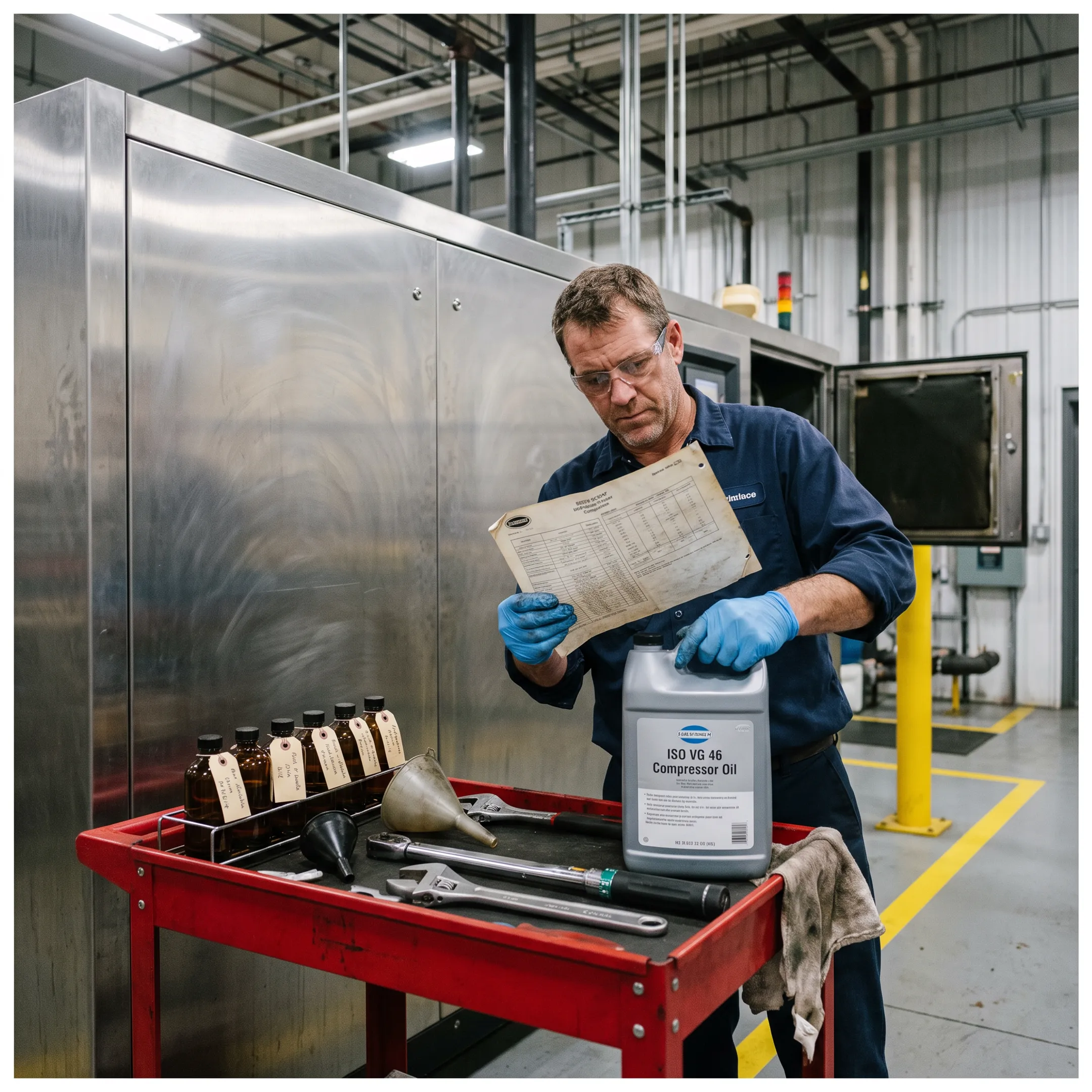 Specialty lubricant containers beside industrial compressor equipment