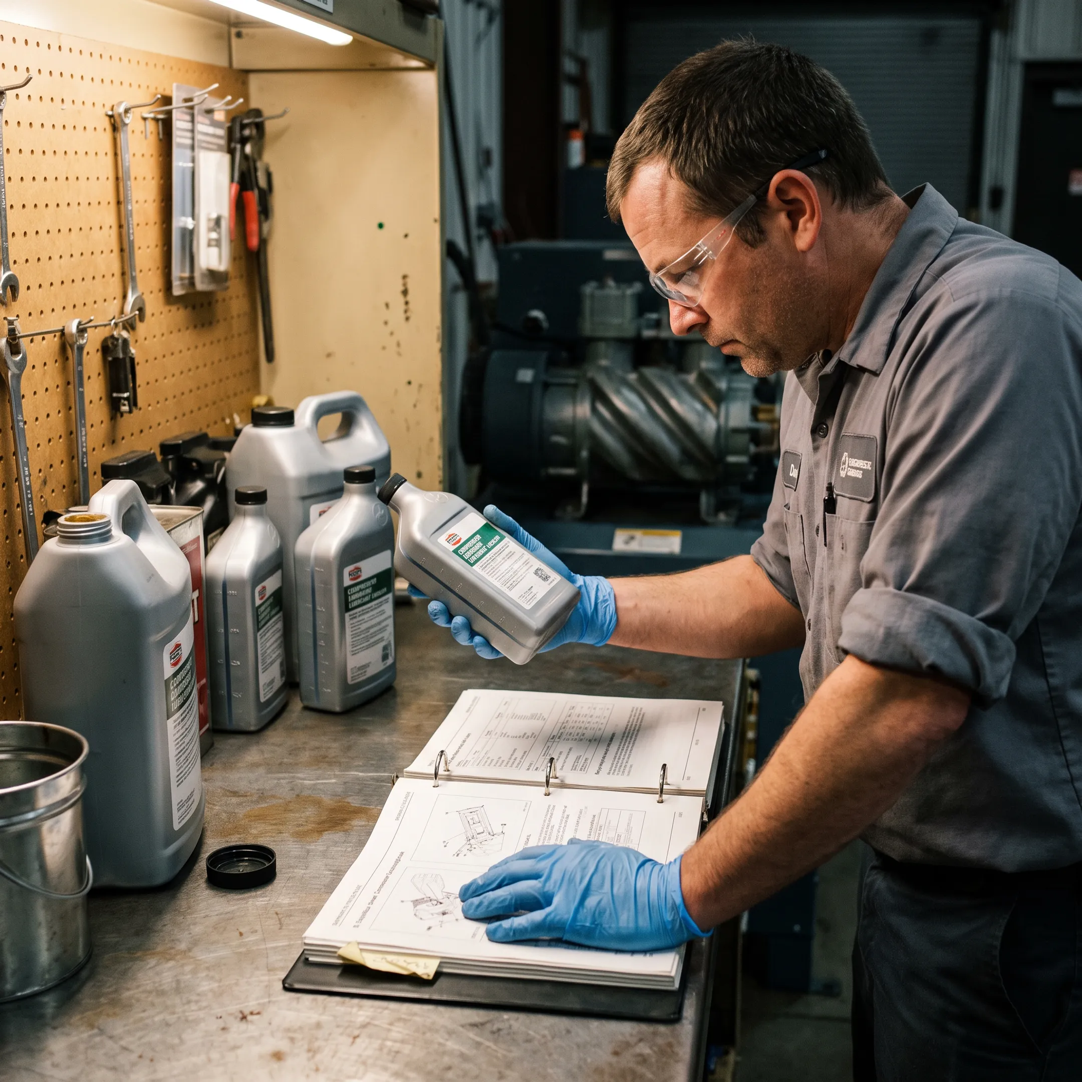 Technician reviewing specialty lubricant and compressor information