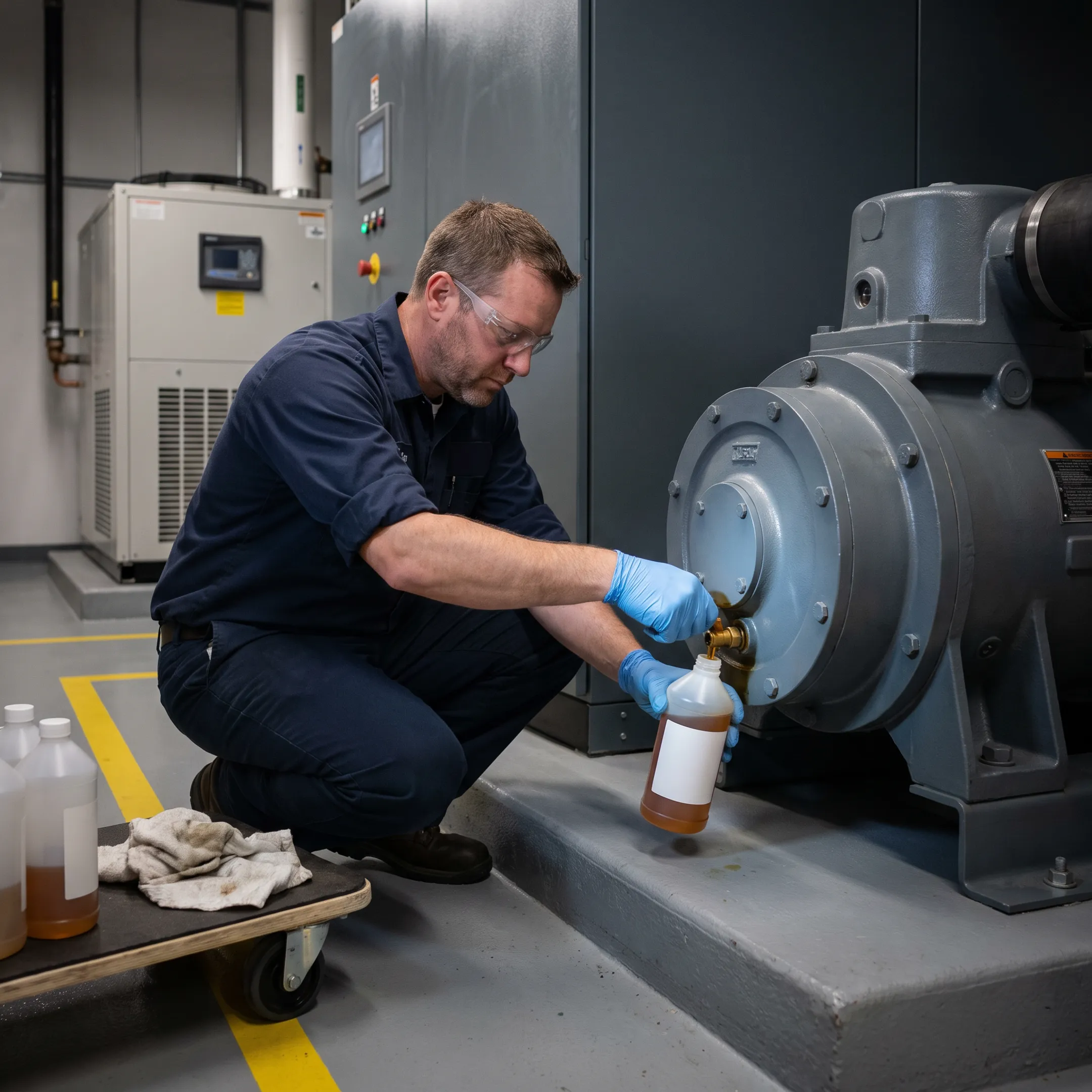 Technician collecting an oil sample from a chiller compressor