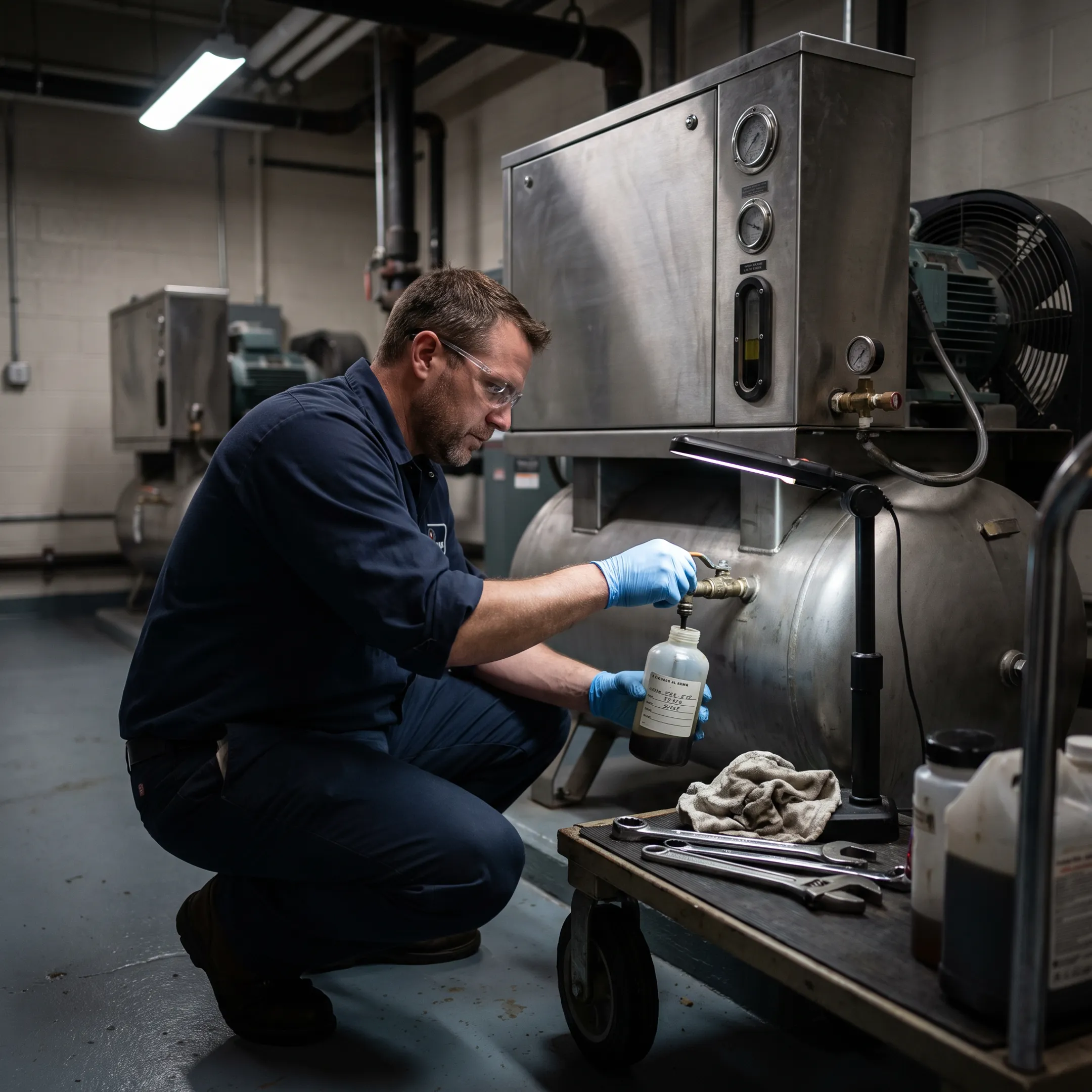 Technician preparing a compressor oil sample for analysis