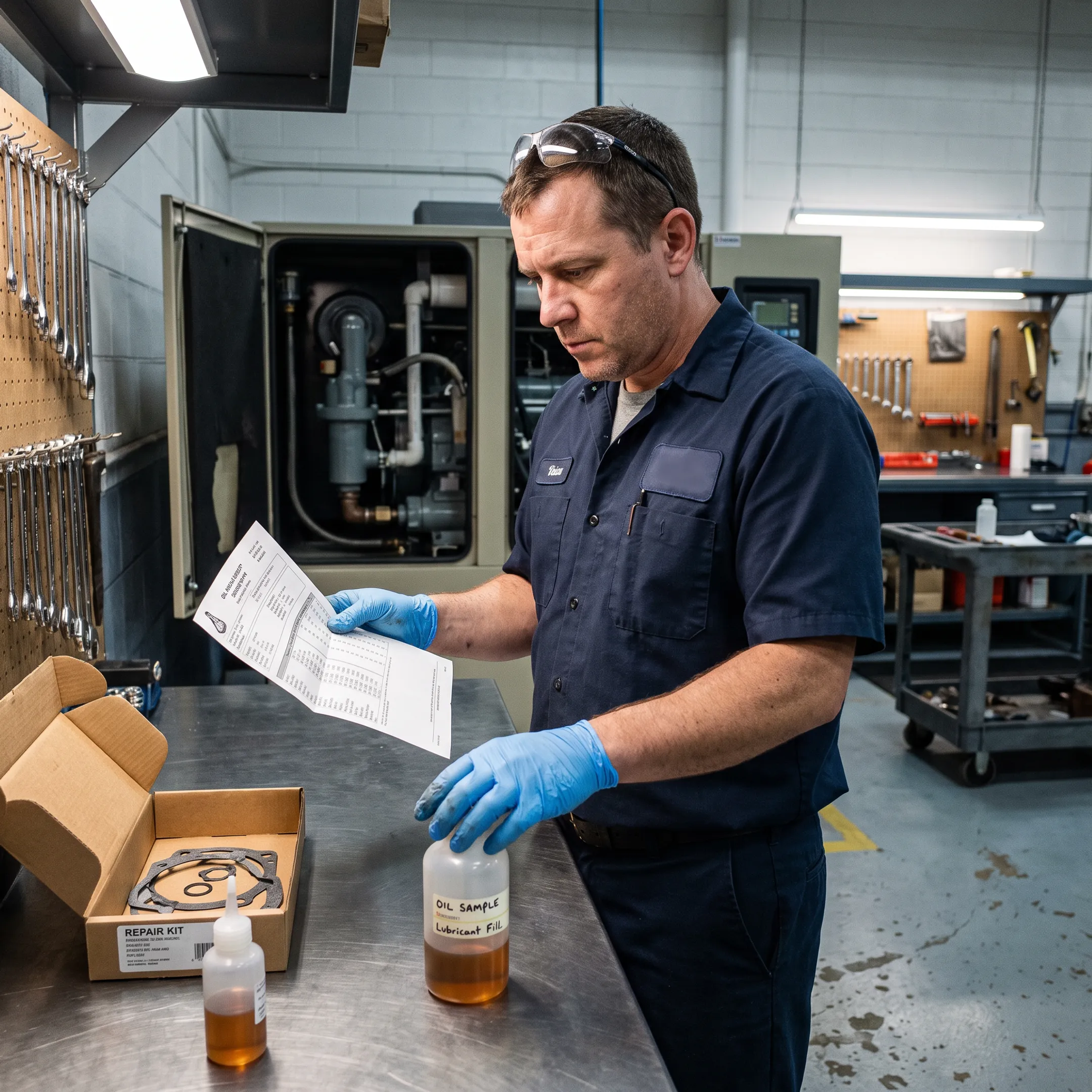 Compressor oil analysis report beside an oil sample