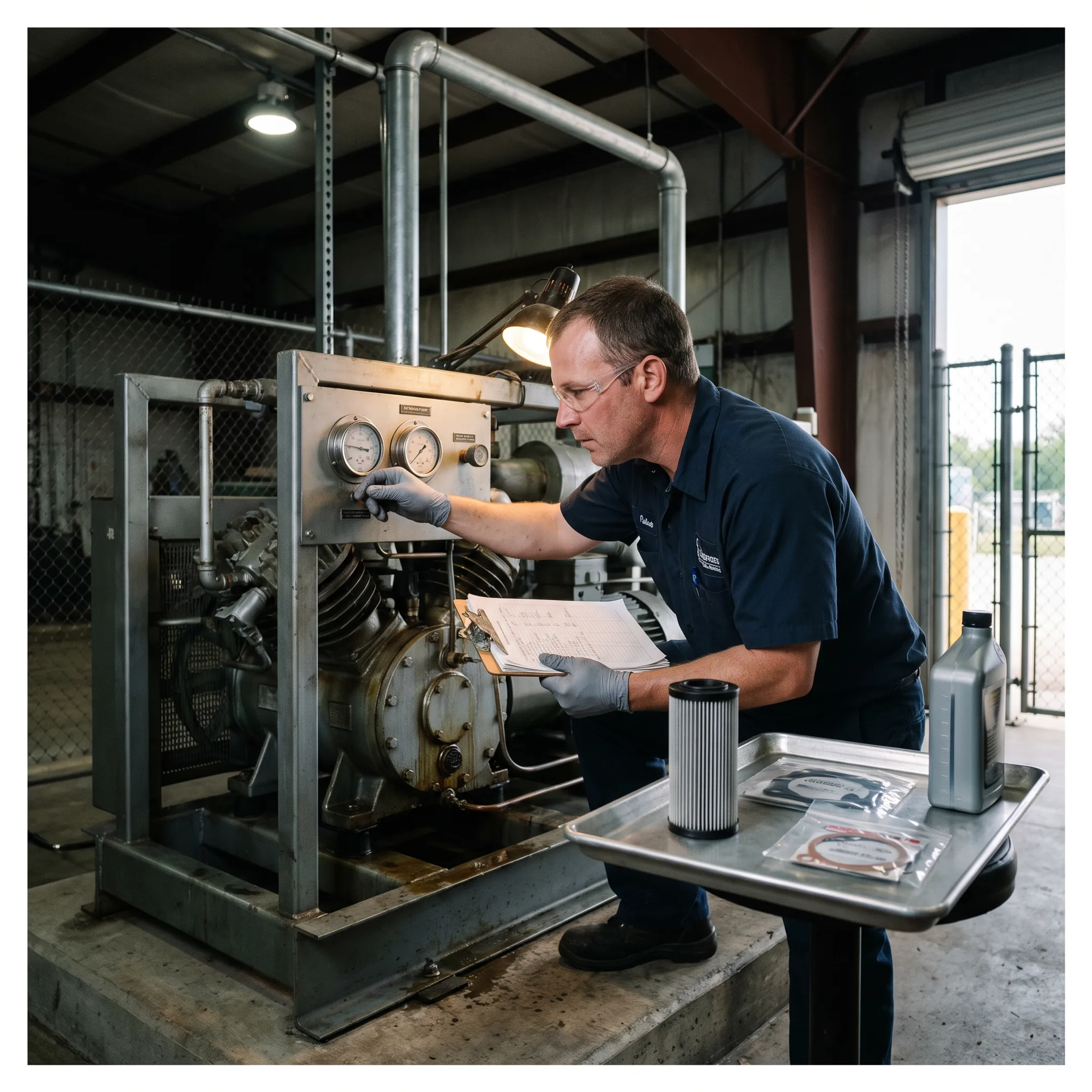 Technician reviewing landfill gas compressor maintenance data