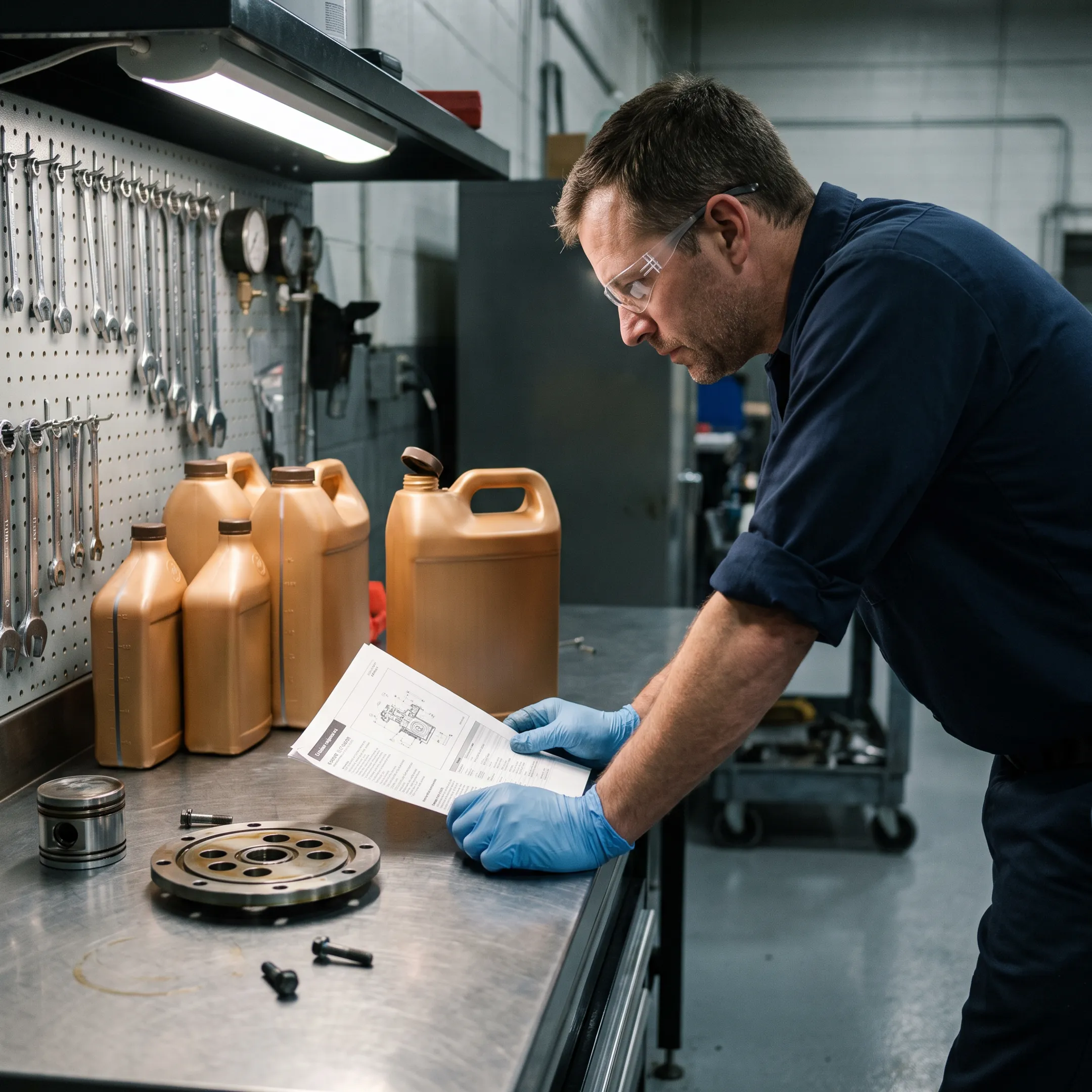 Technician reviewing gas compressor oil and equipment specifications