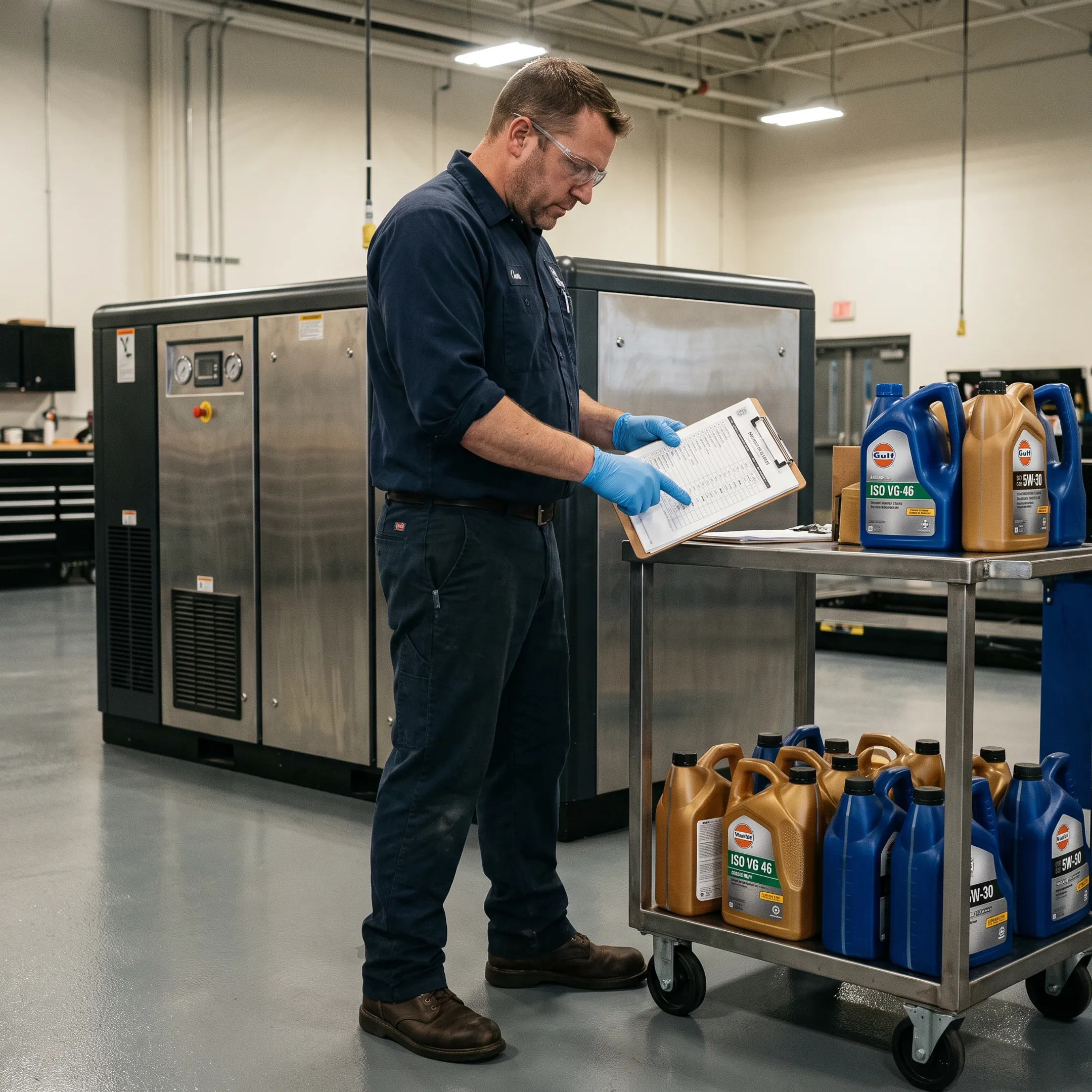 Technician reviewing industrial lubricant options