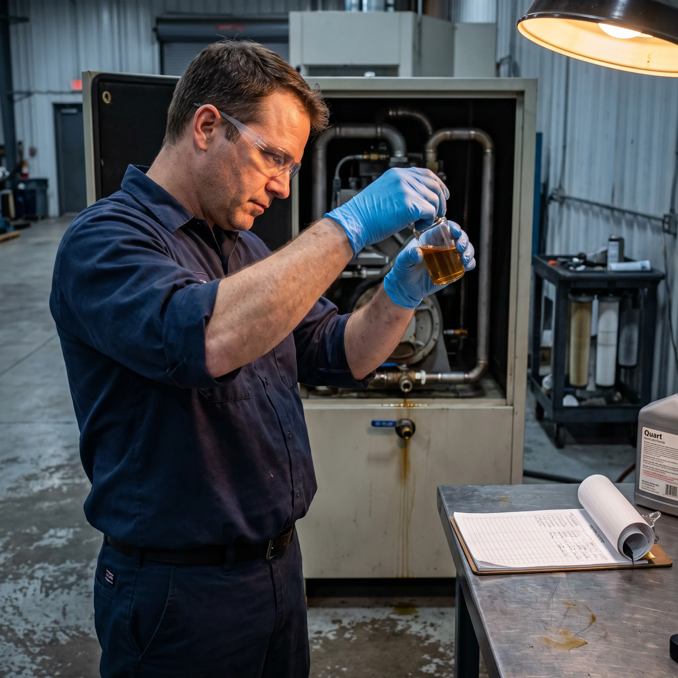 Technician reviewing industrial compressor oil sample