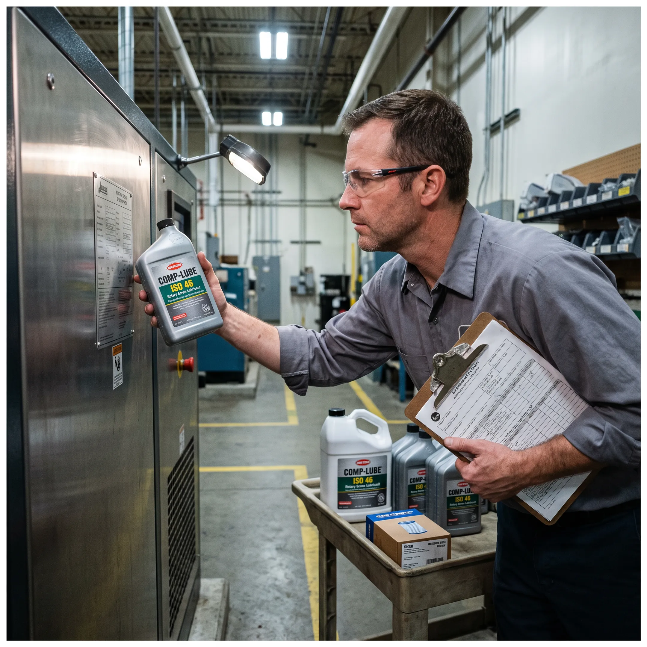 Technician reviewing industrial compressor oil during equipment maintenance