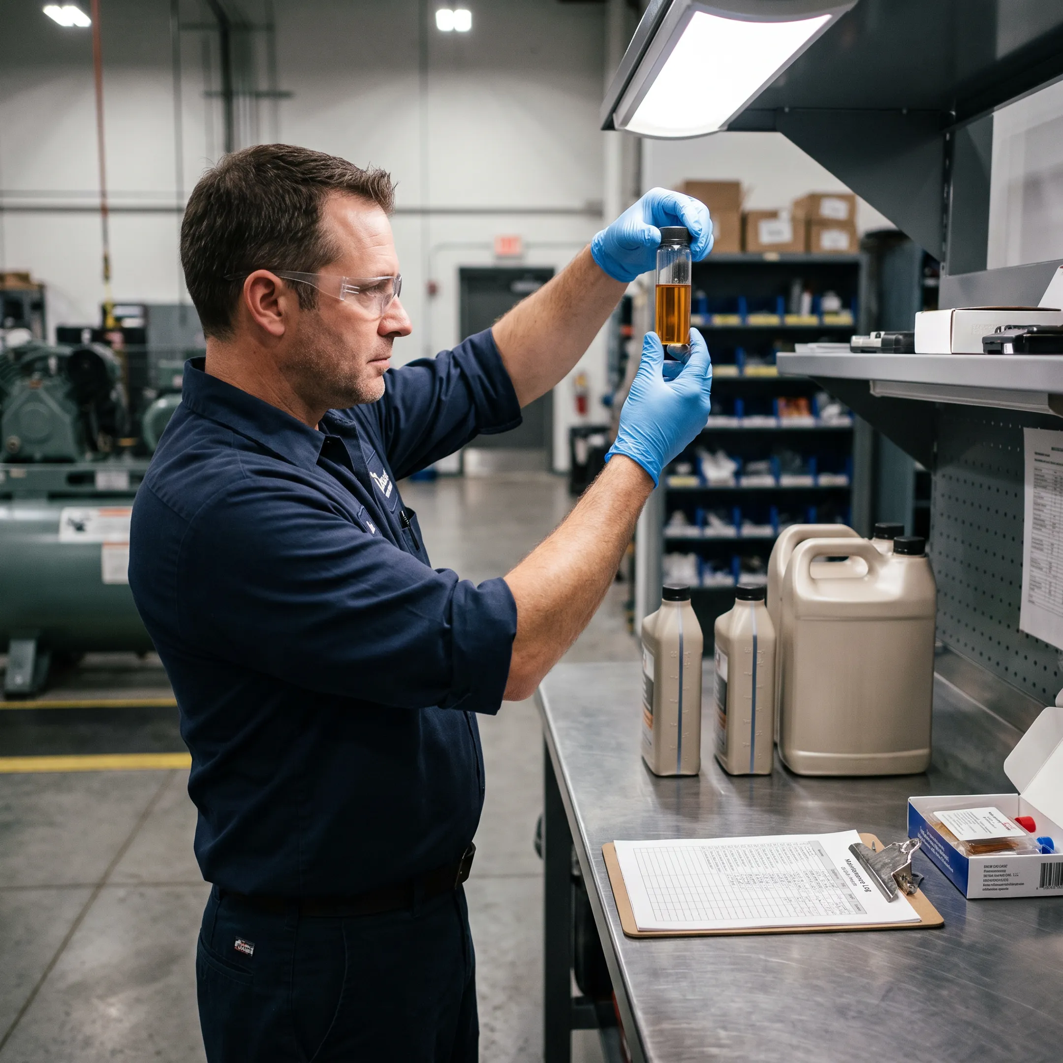 Technician reviewing compressor oil sample