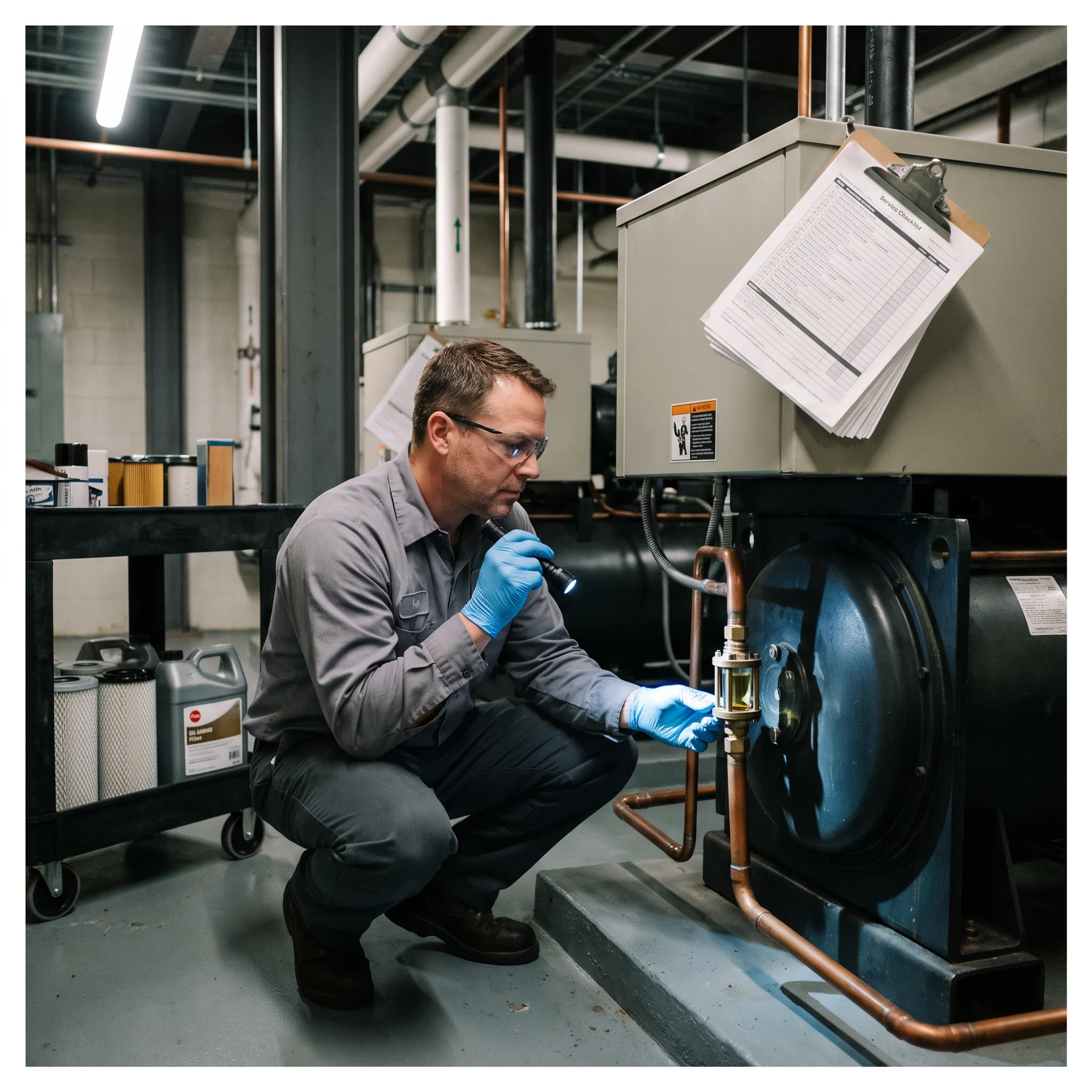 Technician reviewing industrial refrigeration compressor equipment