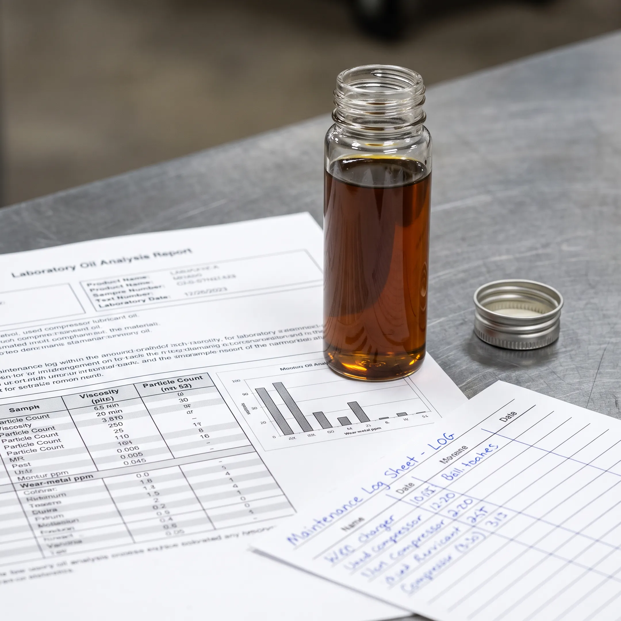 Oil analysis report and fluid sample supporting industrial maintenance planning