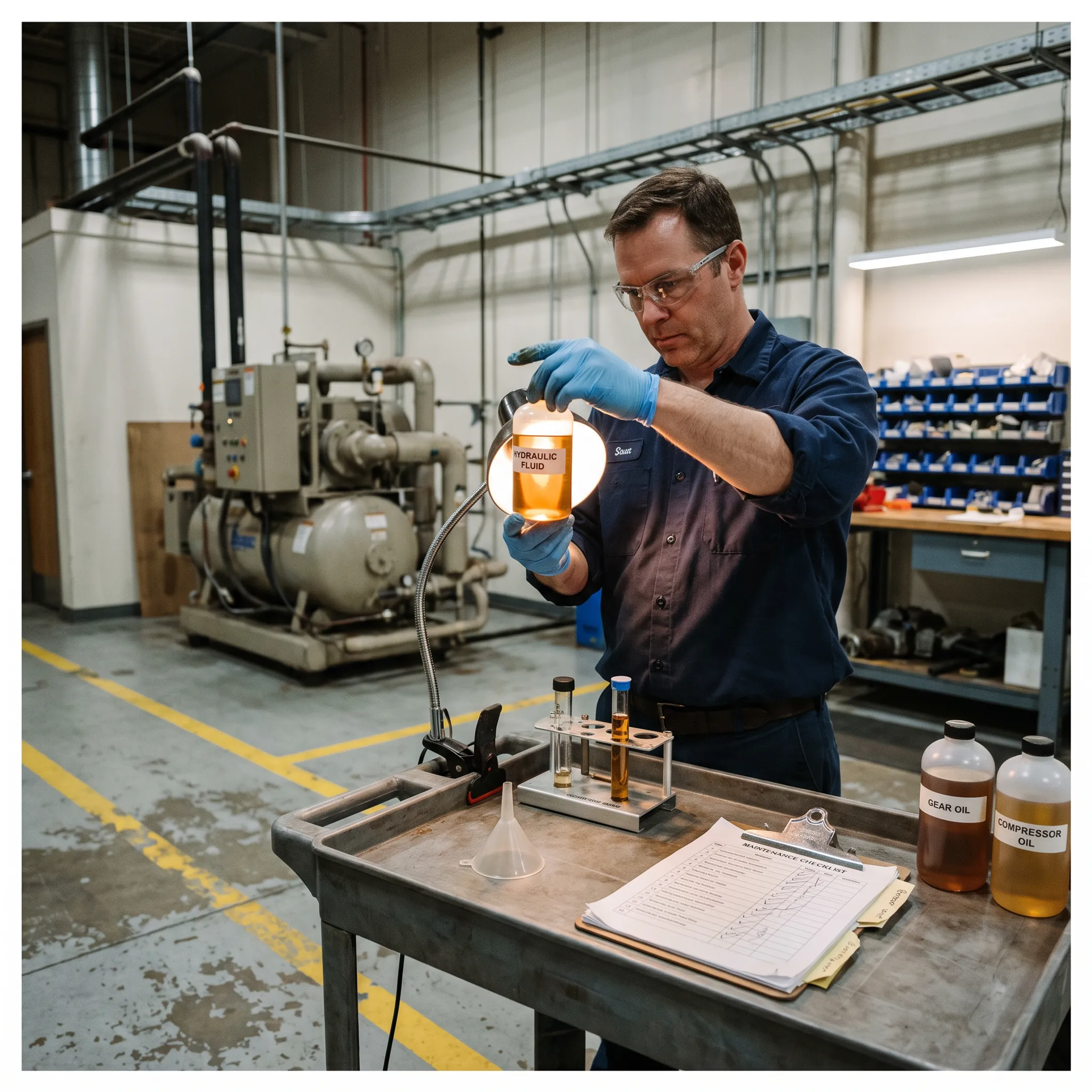 Technician examining a hydraulic fluid sample in an industrial maintenance setting