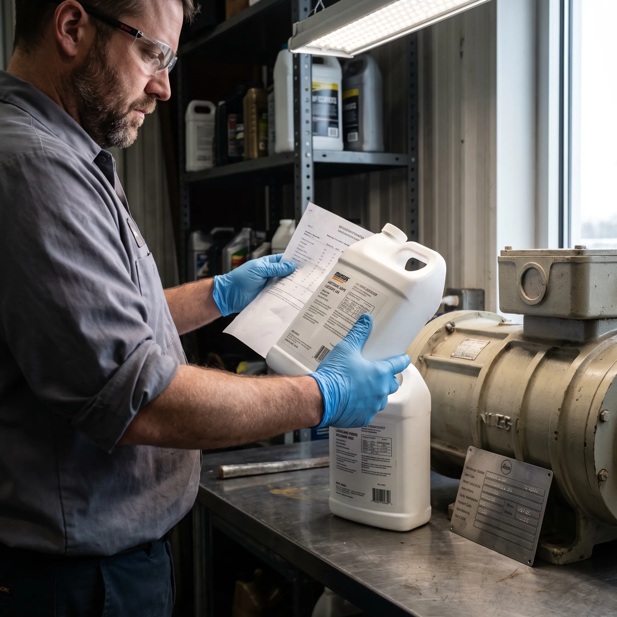 Technician reviewing compressor oil information