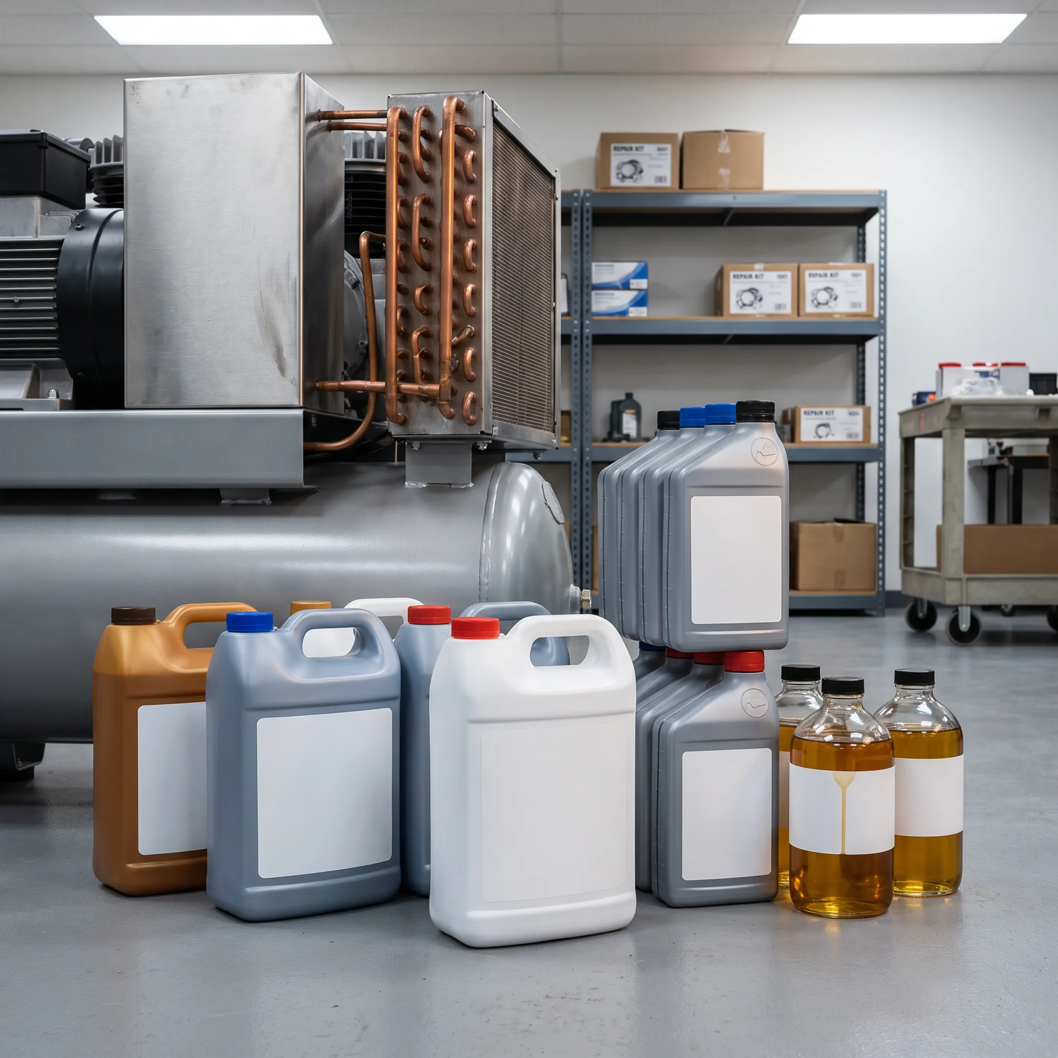 Commercial lubricant containers beside heavy-duty industrial equipment