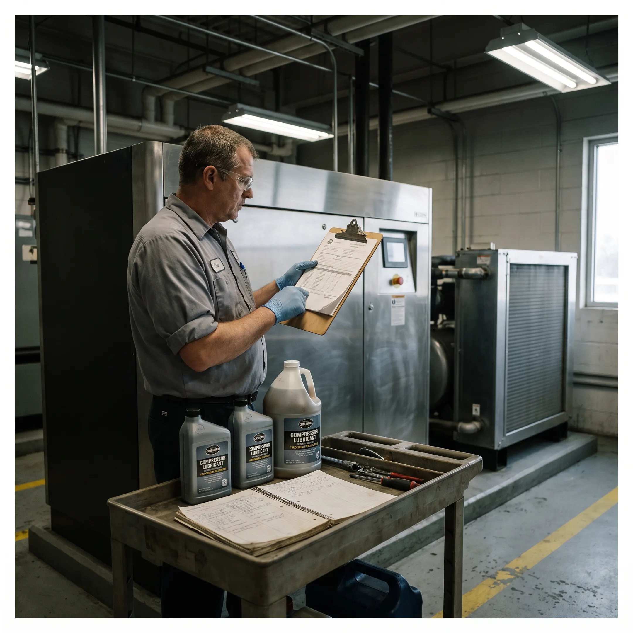 Technician reviewing commercial lubricant and oil analysis information