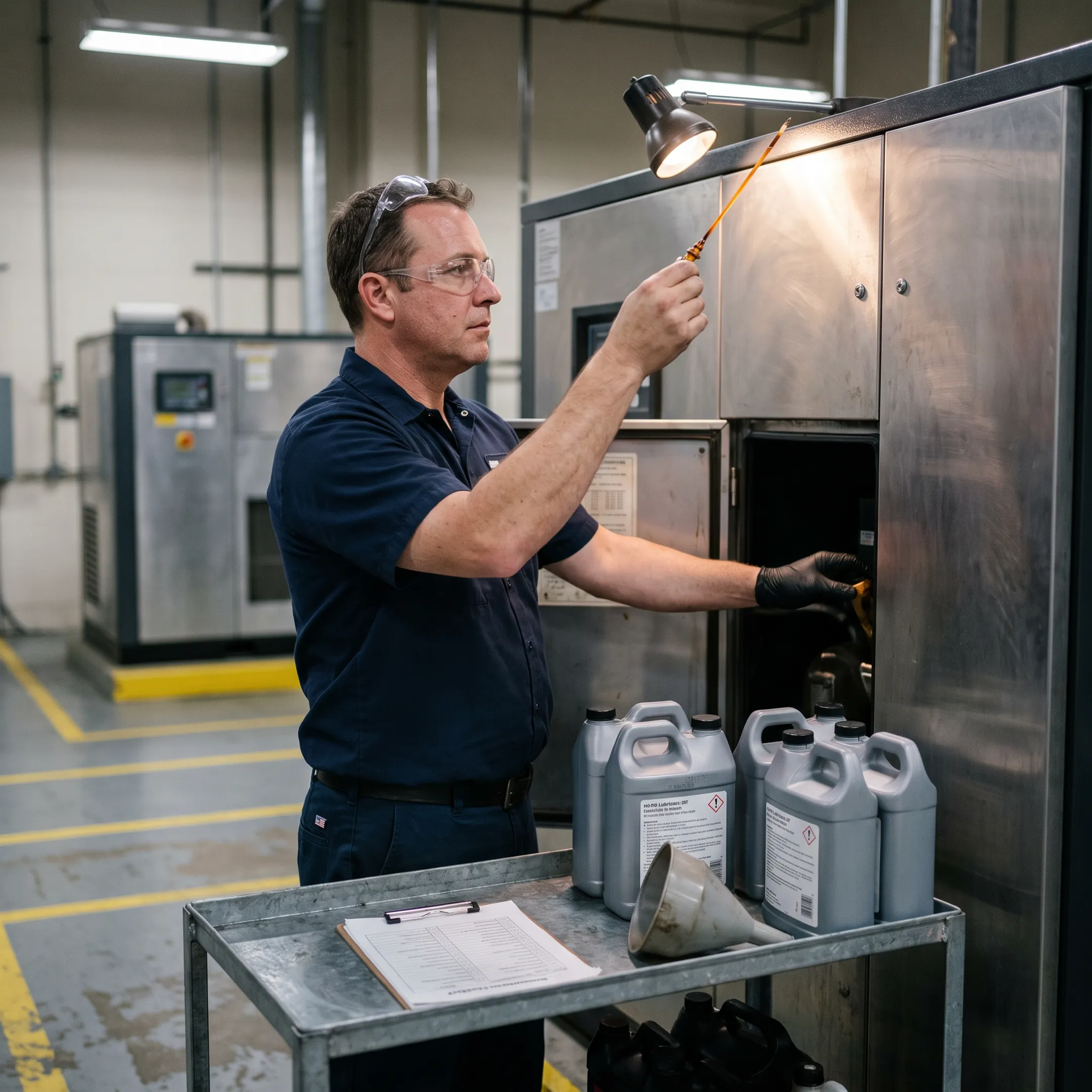 Specialized lubricant containers and compressor equipment in an industrial setting