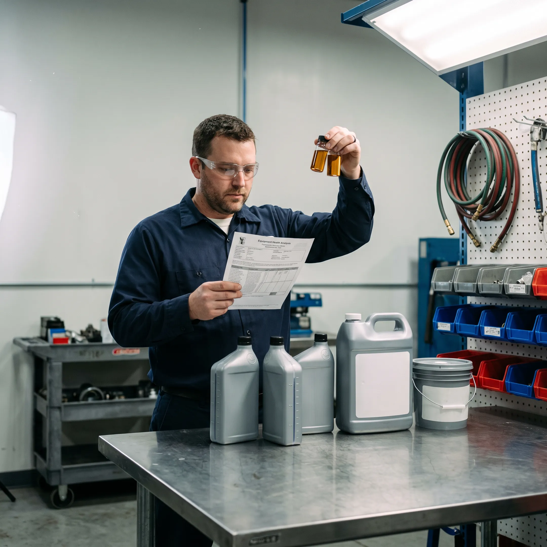Technician reviewing specialized compressor lubricant and oil analysis results