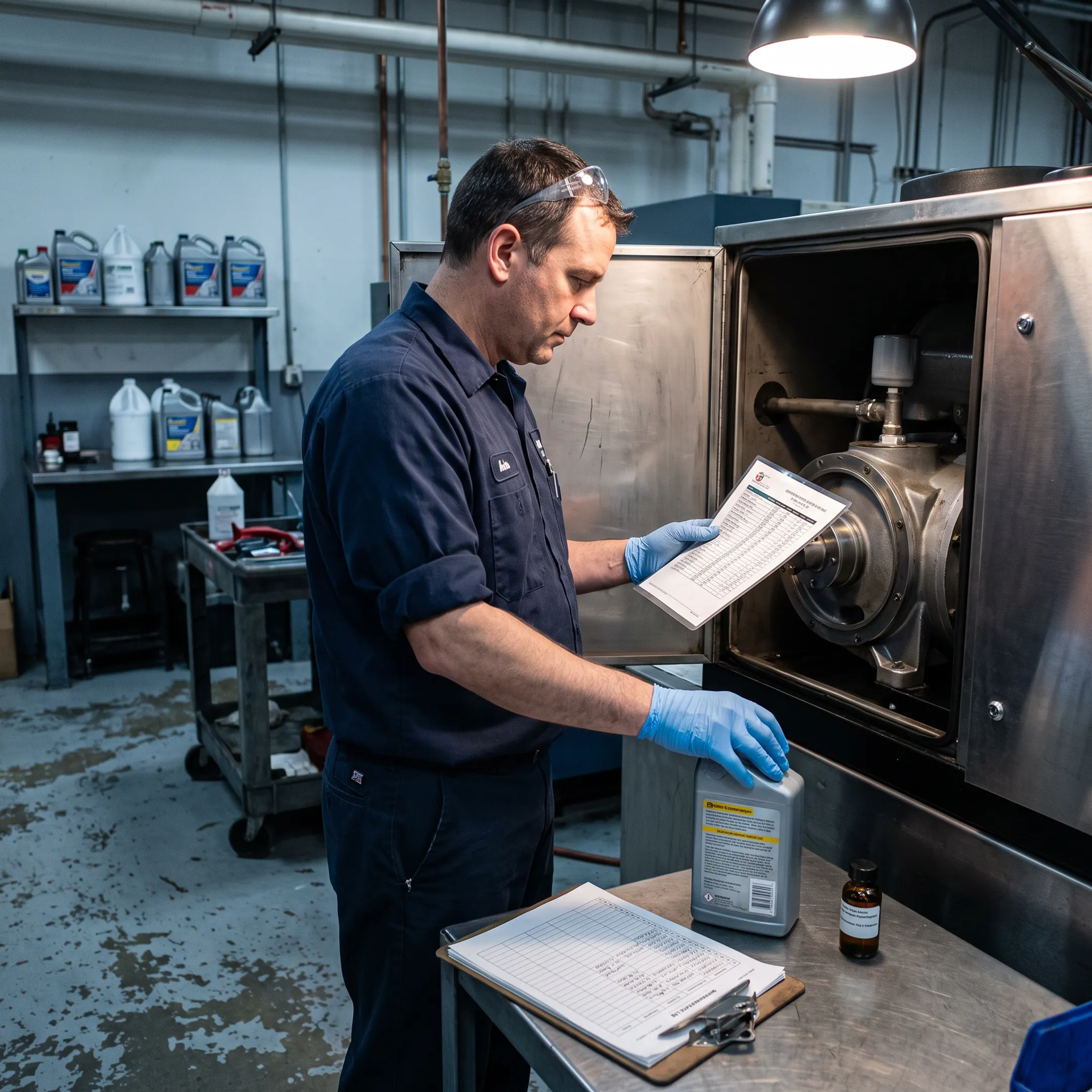 Technician reviewing compressor lubricant options near industrial equipment