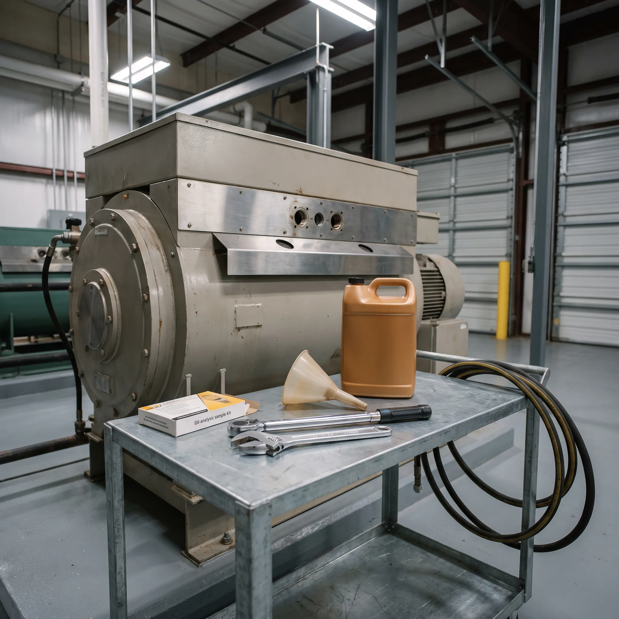 Ammonia compressor oil container beside industrial compressor equipment