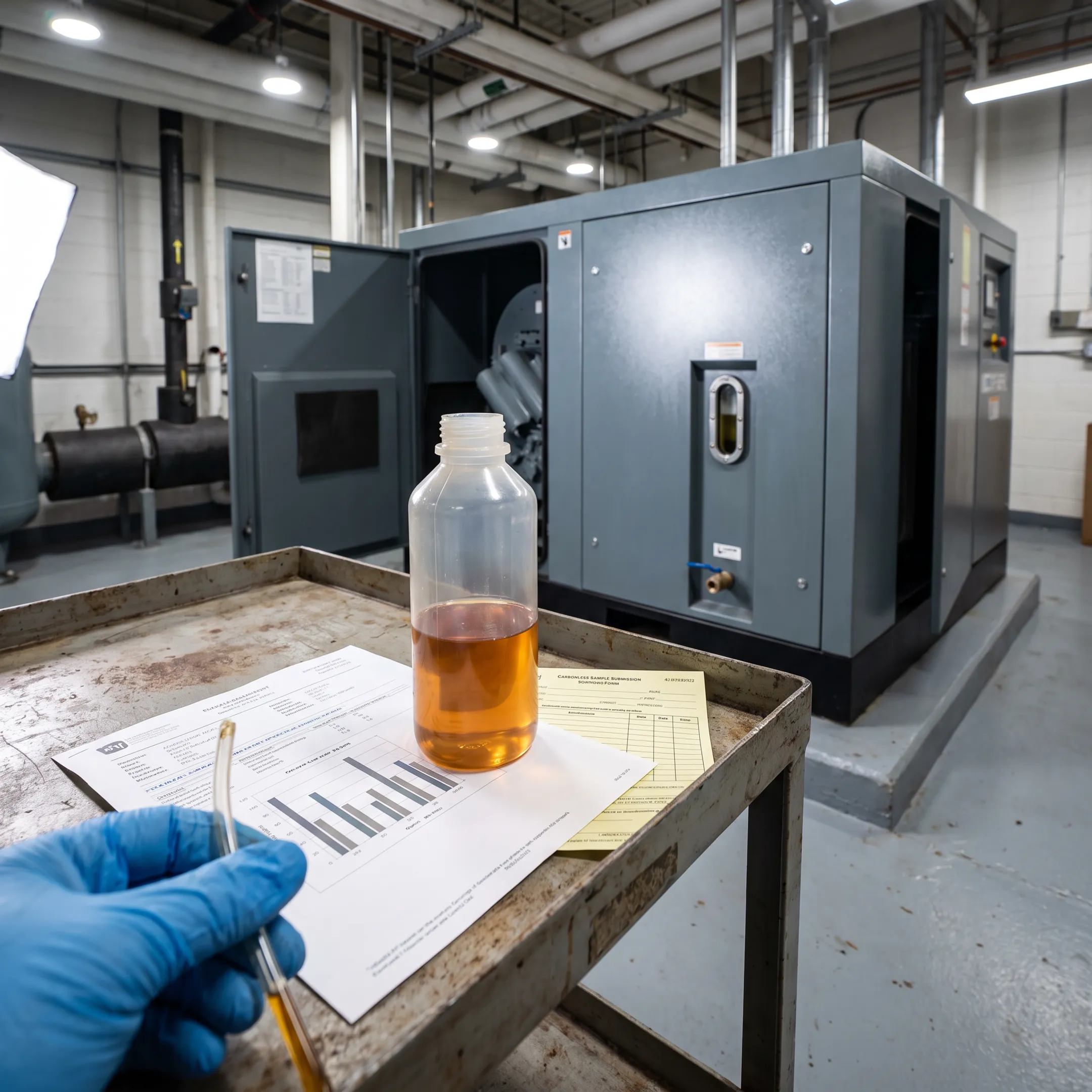 Oil analysis sample beside industrial compressor equipment