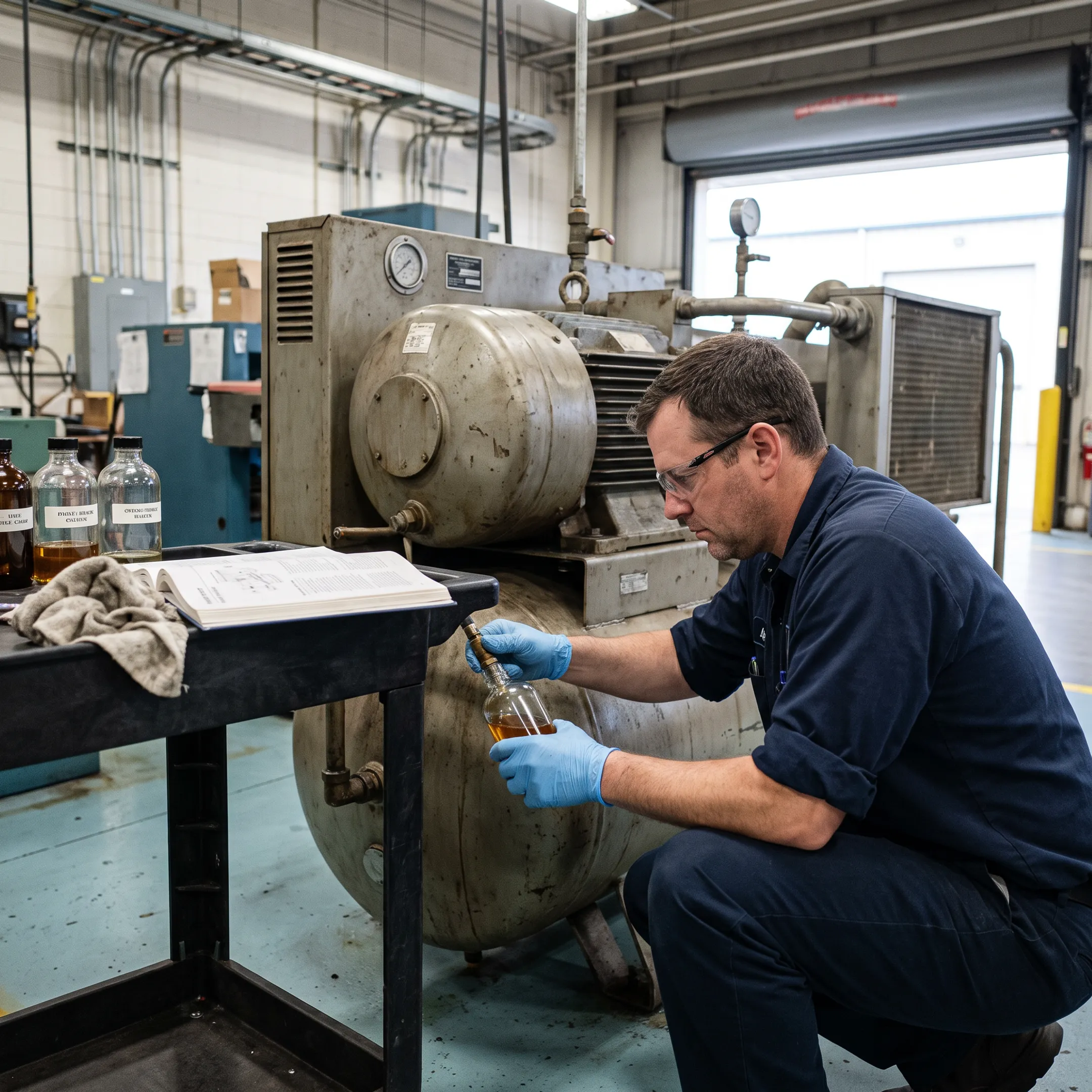 Technician collecting an oil sample from heavy machinery