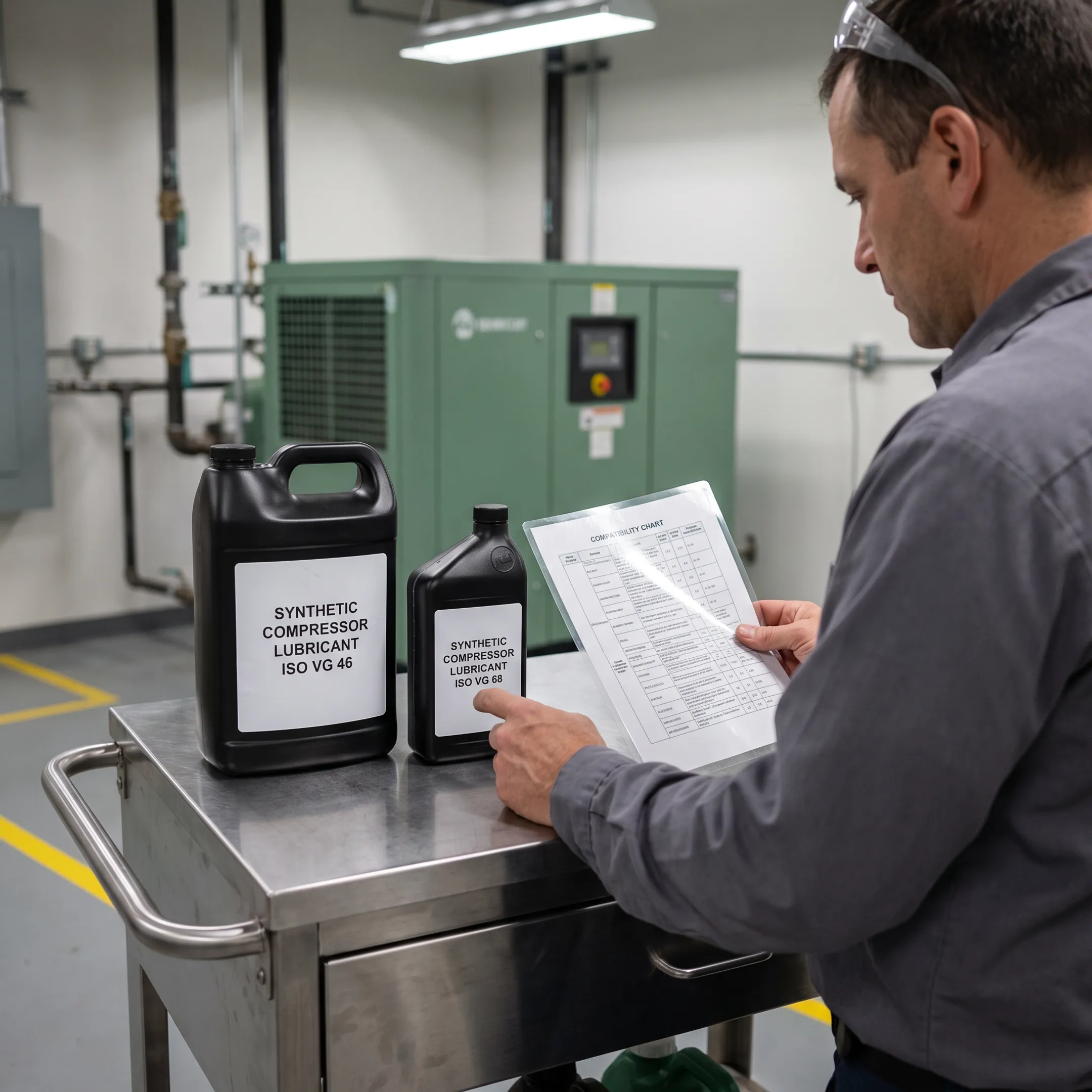 Technician reviewing compressor lubricant options