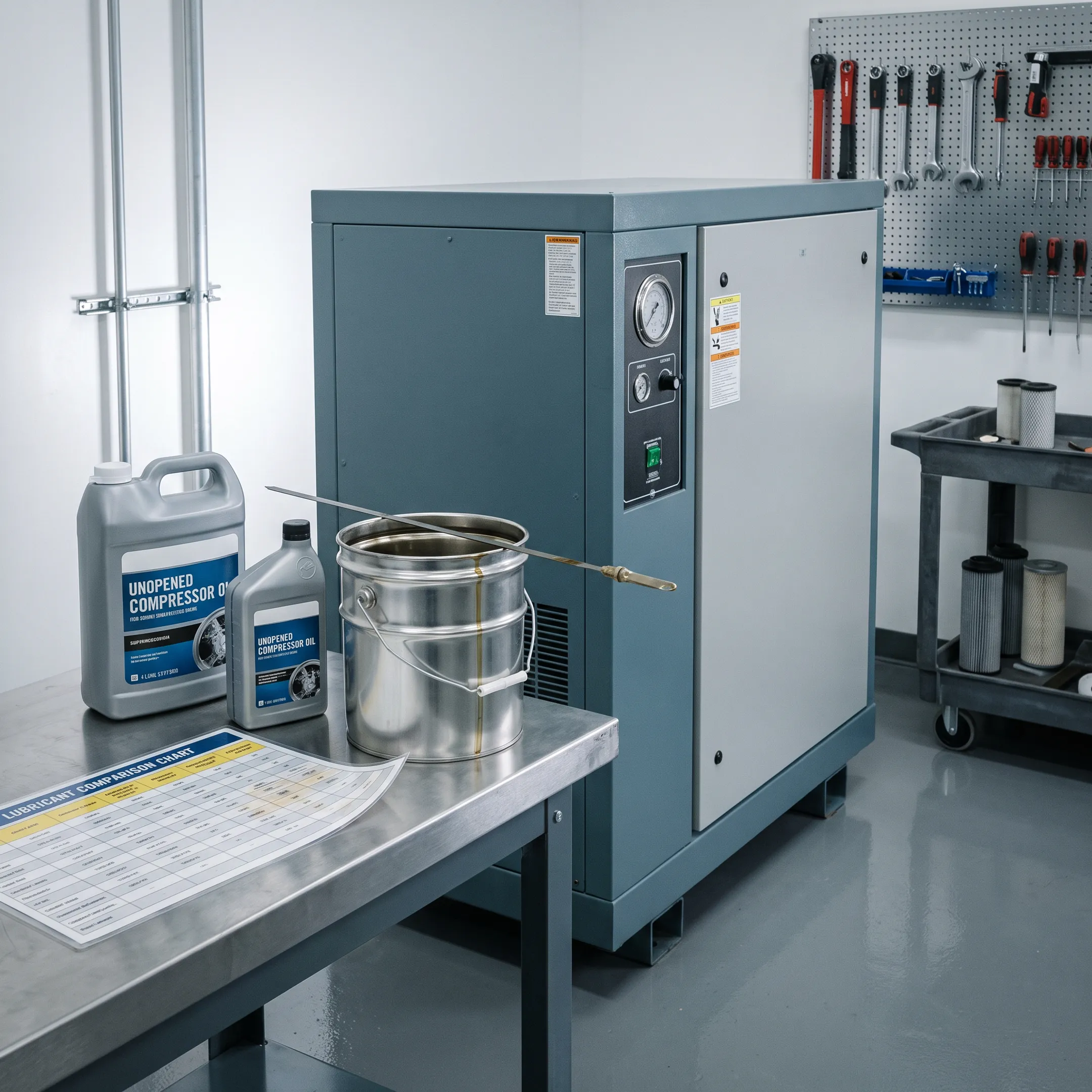 Compressor oil containers beside an industrial rotary screw compressor