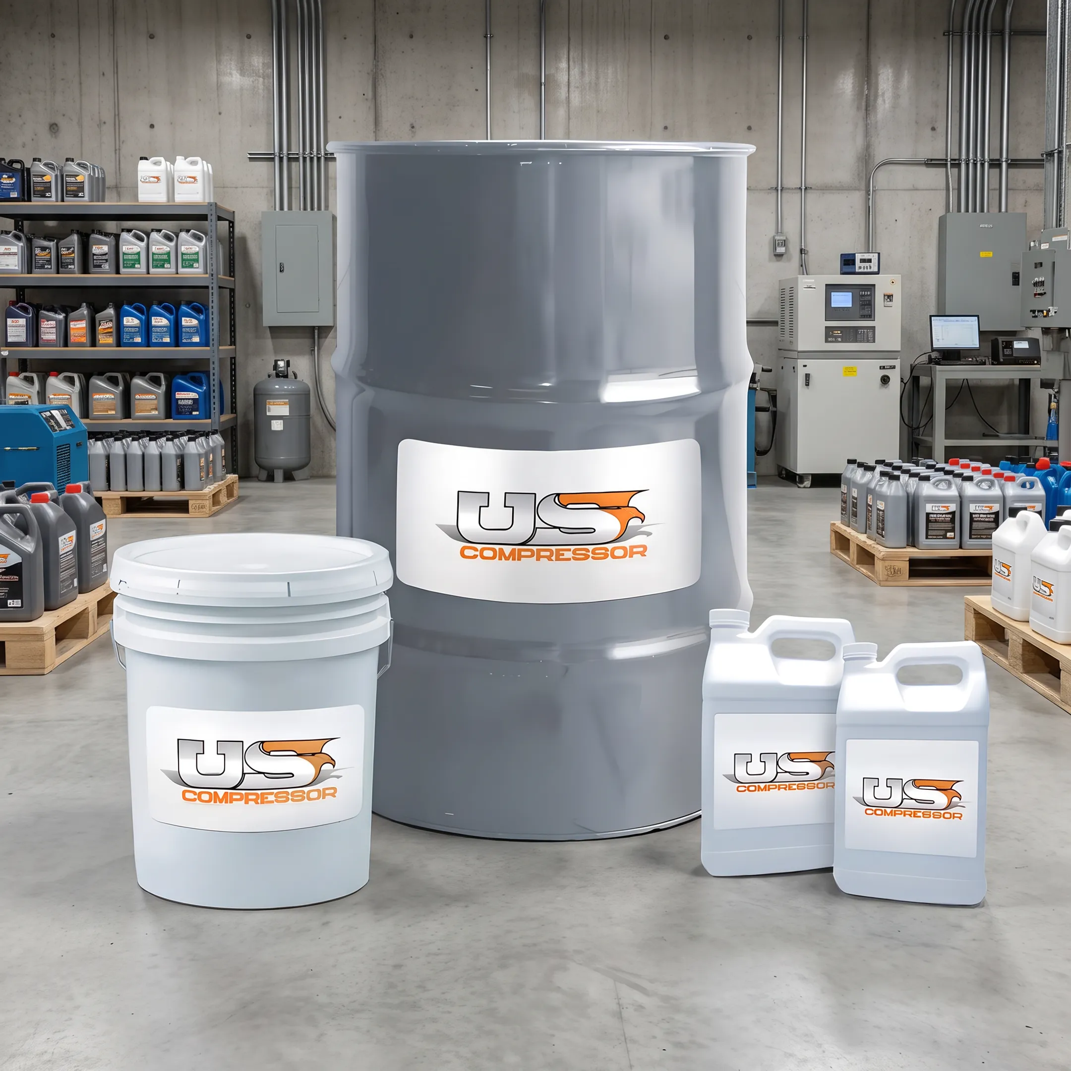 Industrial lubricant containers beside compressor equipment