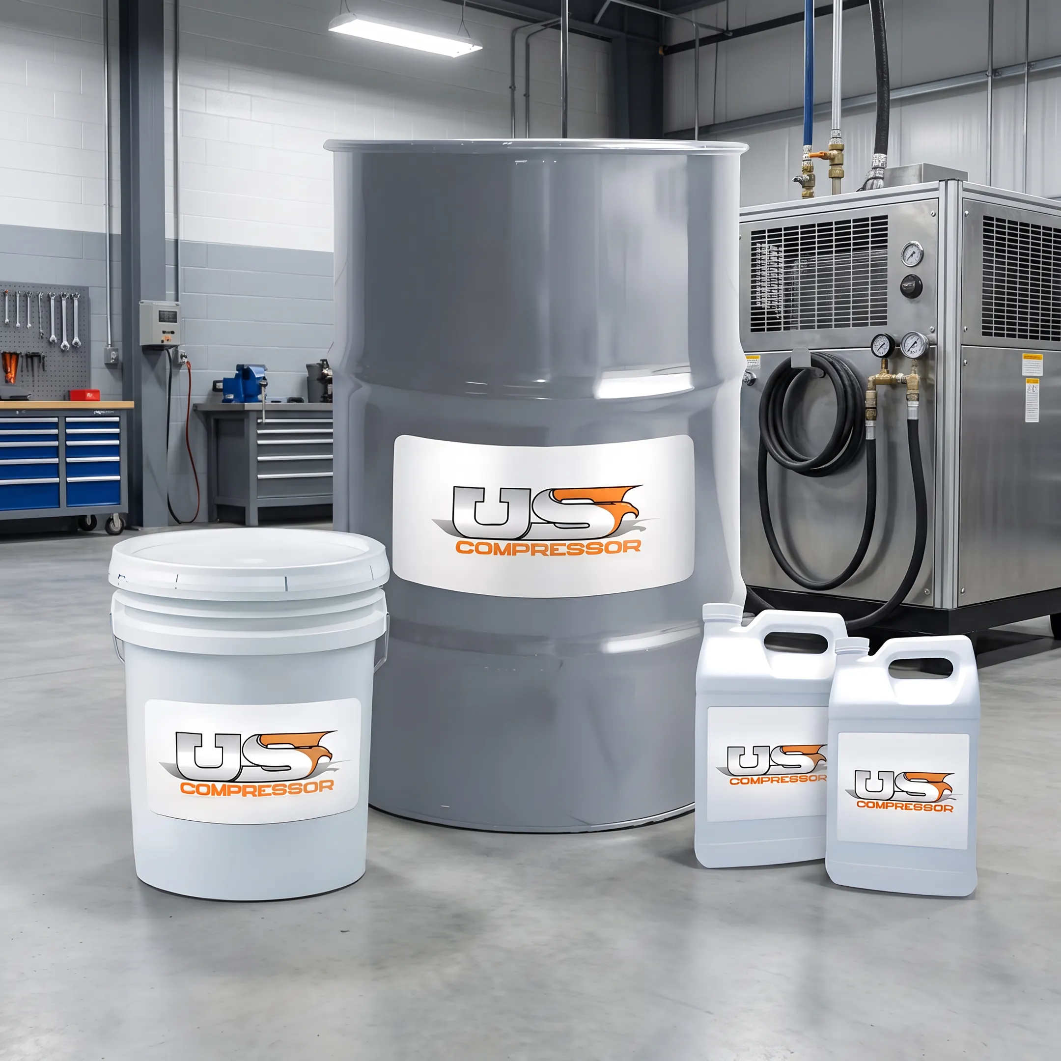 Industrial lubricant containers beside an air compressor in a service environment