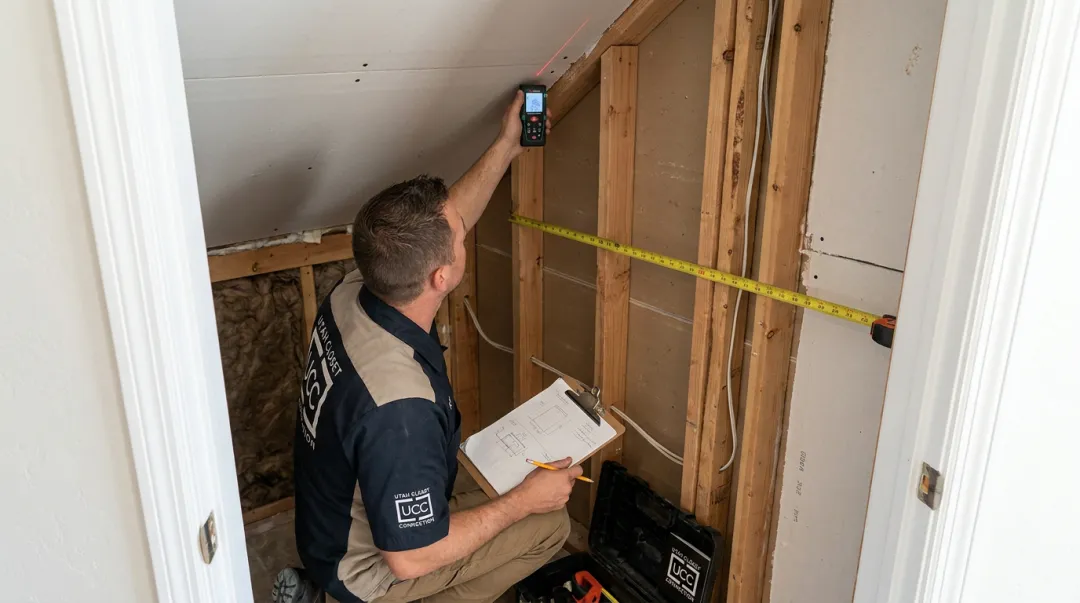 Professional installer measuring sloped under-stairs closet for custom storage