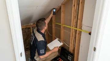 Professional installer measuring sloped under-stairs closet for custom storage