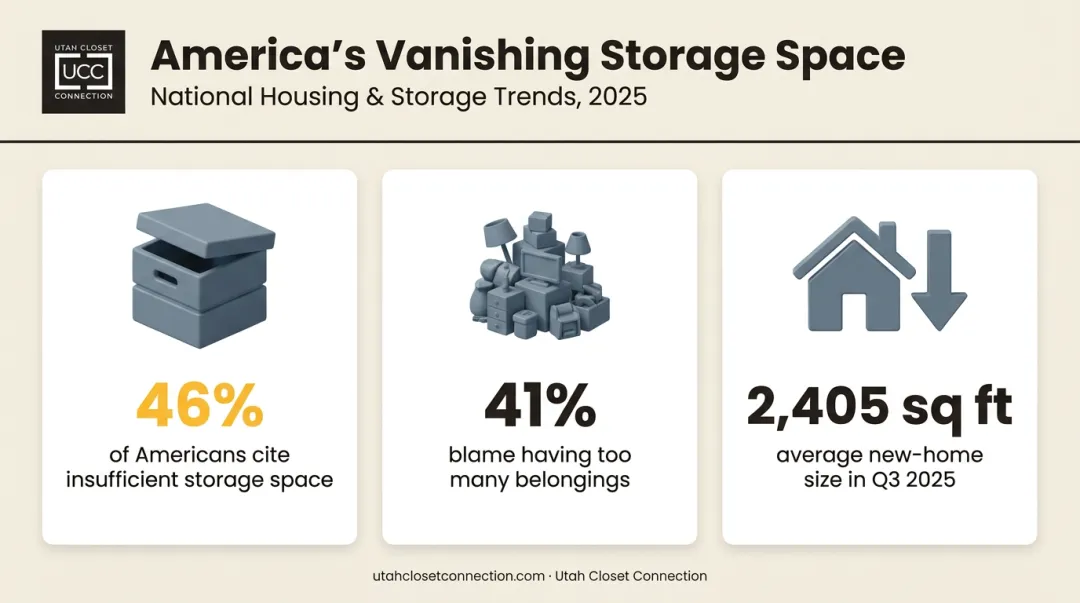 Statistics infographic on shrinking home sizes and storage space challenges