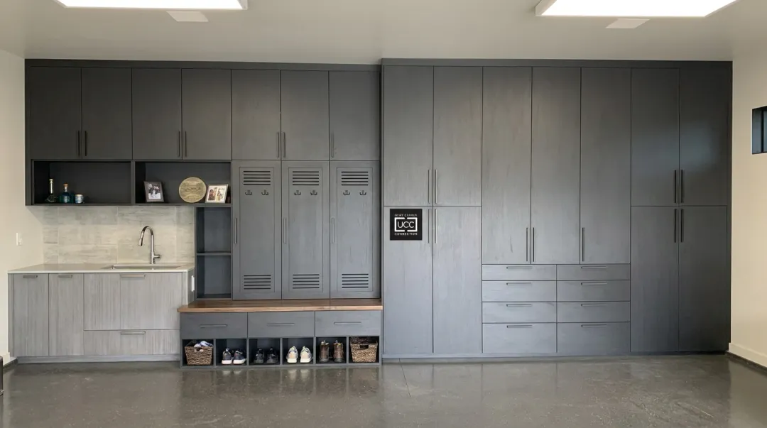 Custom garage locker cabinets and built-in bench storage system