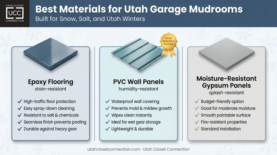 Durable garage mudroom materials comparison for epoxy PVC gypsum