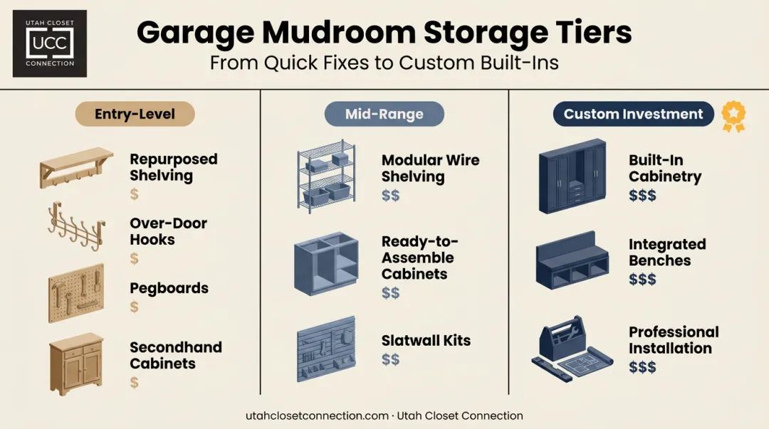 Three-tier garage mudroom storage budget comparison chart infographic