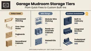 Three-tier garage mudroom storage budget comparison chart infographic