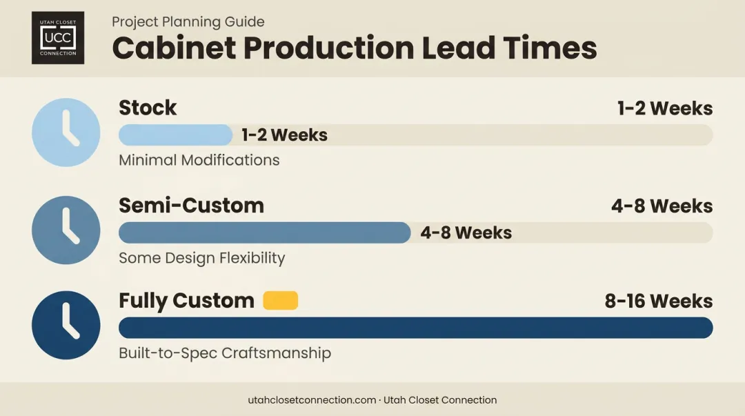 Lead time comparison infographic for stock semi-custom and fully custom cabinets